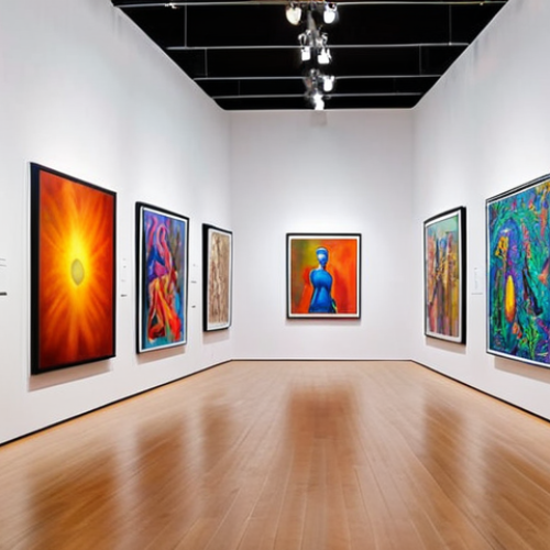Home 4 **AI Artist Exhibition:** A vibrant art gallery showcasing diverse paintings created by AI, ranging from abstract to realistic styles, highlighting the blurred line between human and artificial creativity.