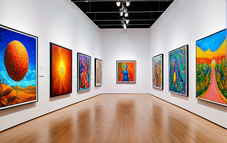 **AI Artist Exhibition:** A vibrant art gallery showcasing diverse paintings created by AI, ranging from abstract to realistic styles, highlighting the blurred line between human and artificial creativity.