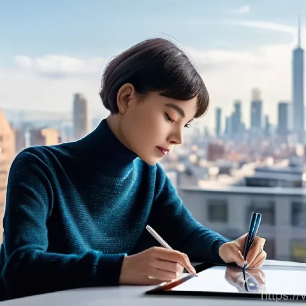 AI 기술 발전과 저작권 보호의 행정적 접근 - "A female artist, mid-20s, with short, stylish hair, wearing a comfortable, long-sleeved turtleneck ...
