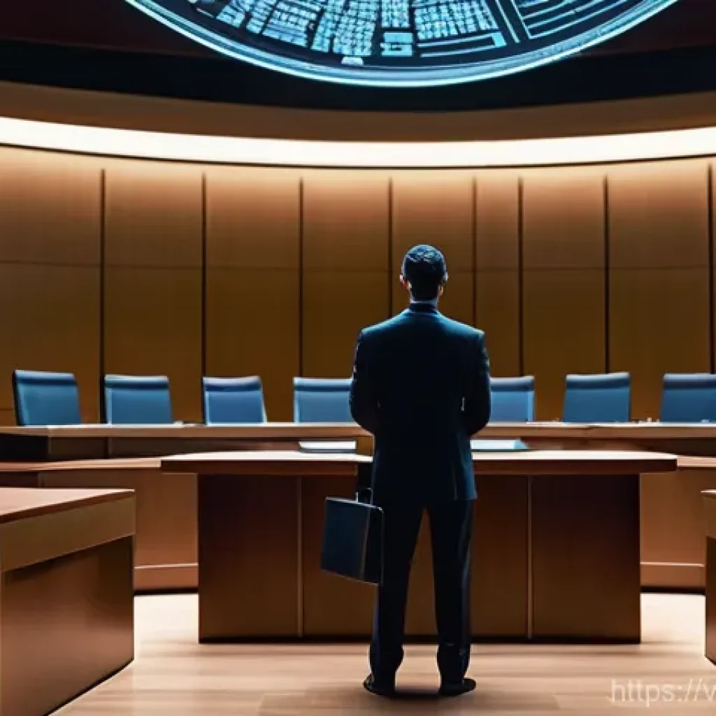 AI 창작물 저작권의 새로운 트렌드 - A futuristic, clean courtroom setting. On one side, a human lawyer, professionally dressed, stands w...