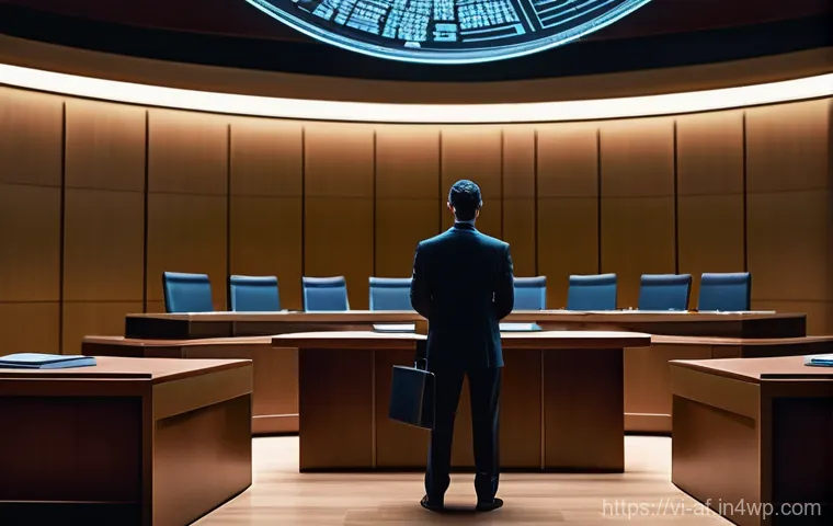 AI 창작물 저작권의 새로운 트렌드 - A futuristic, clean courtroom setting. On one side, a human lawyer, professionally dressed, stands w...