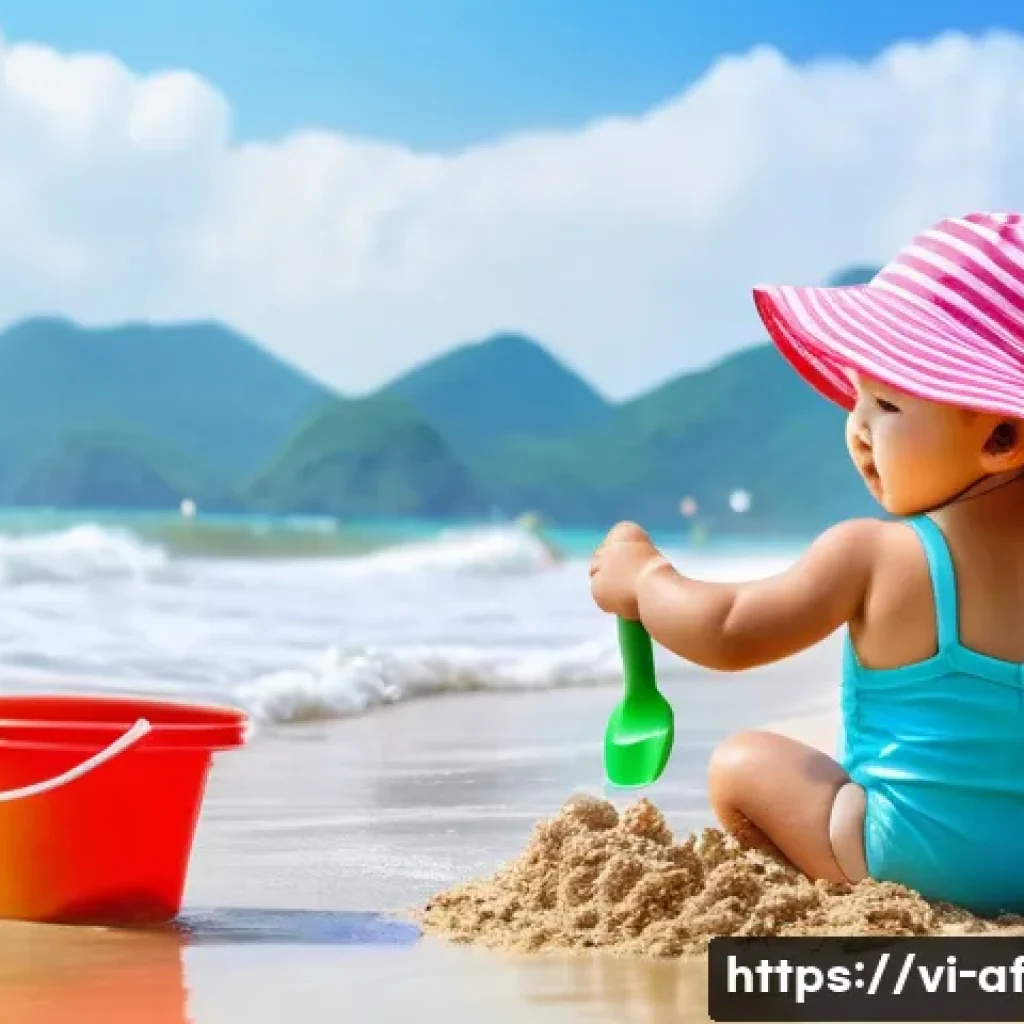 AI 창작물 저작권의 법적 쟁점 - **A toddler playing on a sunny beach in Nha Trang, Vietnam.** The child is wearing a brightly colore...