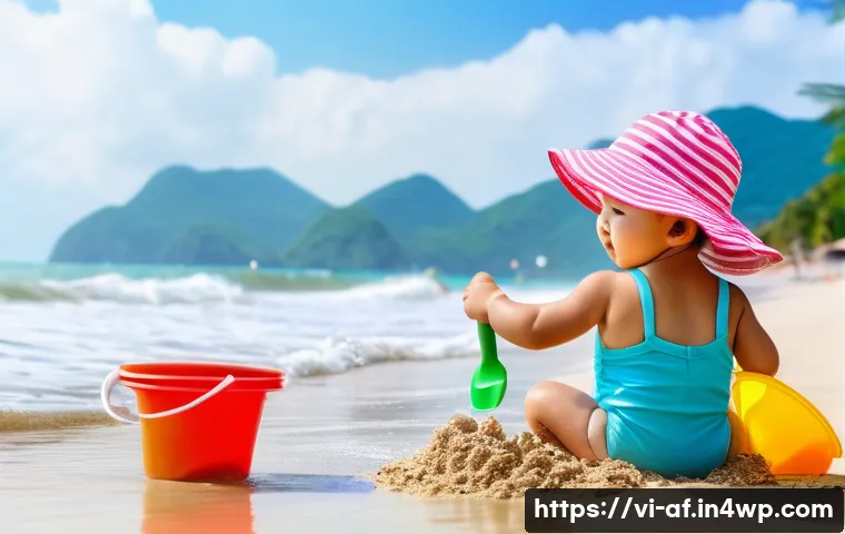 AI 창작물 저작권의 법적 쟁점 - **A toddler playing on a sunny beach in Nha Trang, Vietnam.** The child is wearing a brightly colore...