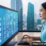 Home 19 AI 저작권 관련 논문 및 연구 자료 - A futuristic office scene in Ho Chi Minh City where a Vietnamese businesswoman is collaborating with...