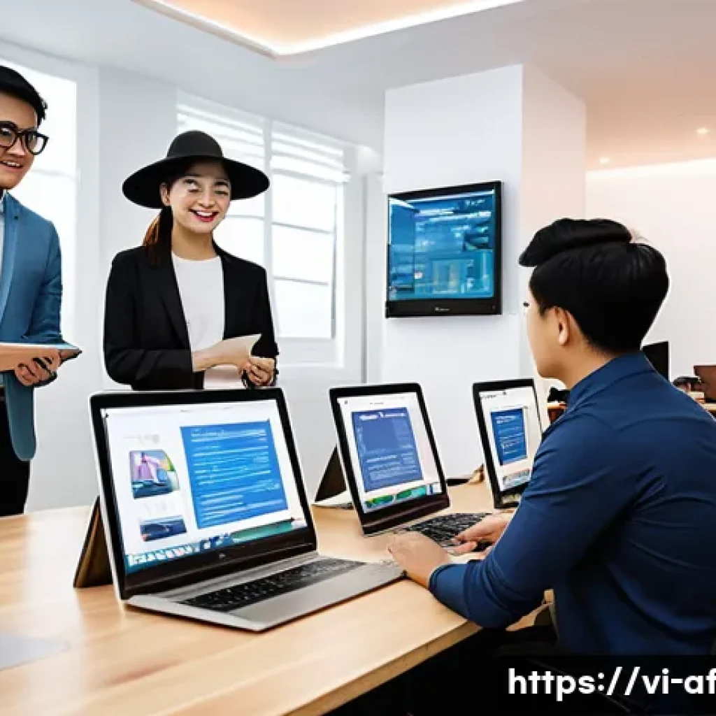 AI 창작물 저작권과 이용 허가 - A modern Vietnamese tech startup office scene featuring diverse young professionals collaborating on...