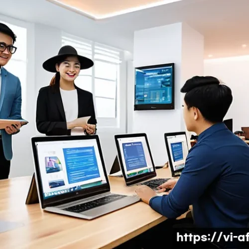 Home 28 AI 창작물 저작권과 이용 허가 - A modern Vietnamese tech startup office scene featuring diverse young professionals collaborating on...