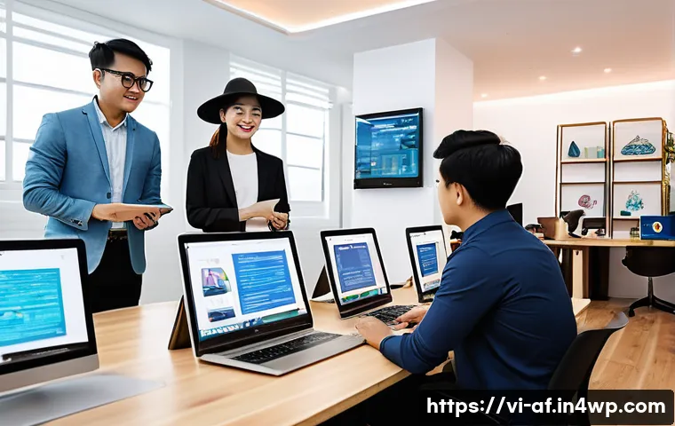 AI 창작물 저작권과 이용 허가 - A modern Vietnamese tech startup office scene featuring diverse young professionals collaborating on...