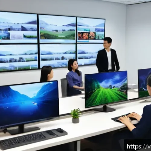 Home 15 AI 콘텐츠 저작권 침해 예방 캠페인 - A modern Vietnamese office setting where a diverse group of professionals is collaboratively reviewi...