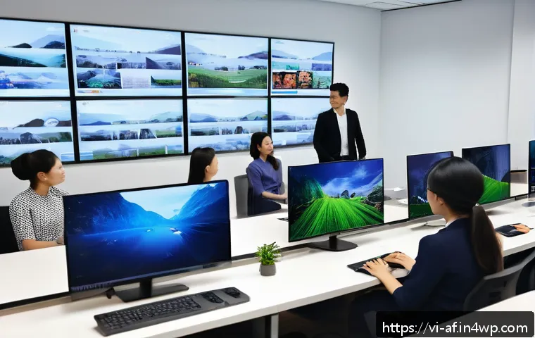 AI 콘텐츠 저작권 침해 예방 캠페인 - A modern Vietnamese office setting where a diverse group of professionals is collaboratively reviewi...
